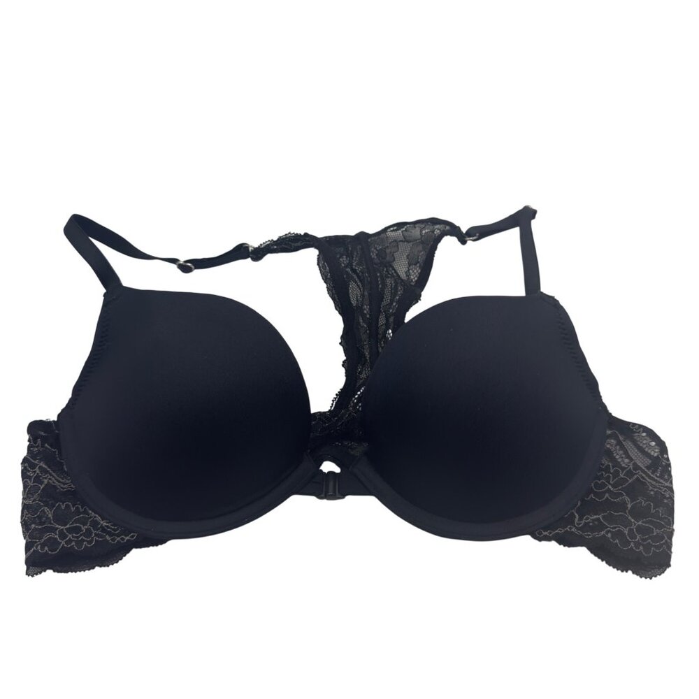 Candies Lace Racerback Bra Front Hook Closure Black Padded Style Size 34B